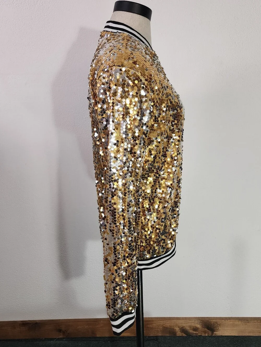Anna-Kaci Jacket Gold Sequin Bomber Style Sparling Gold Size S - Picture 9 of 17